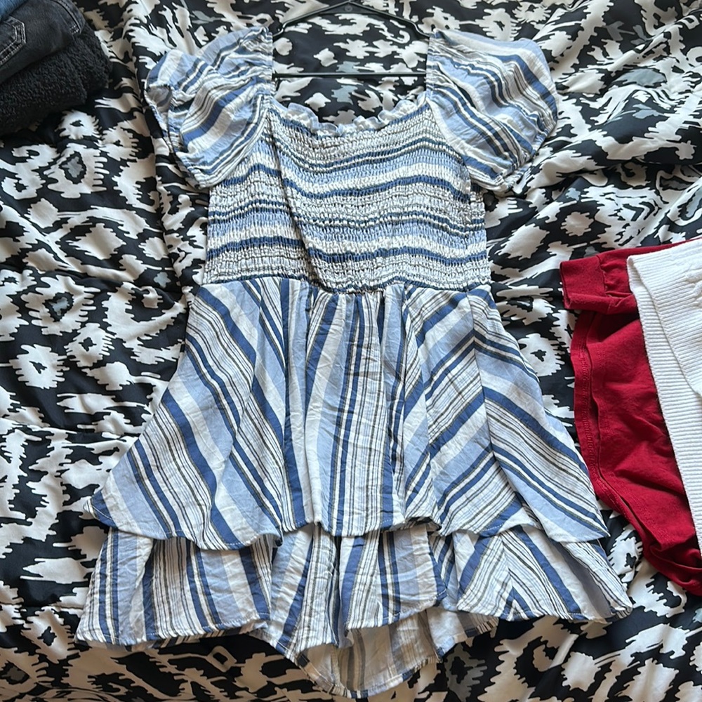 blue and white striped romper